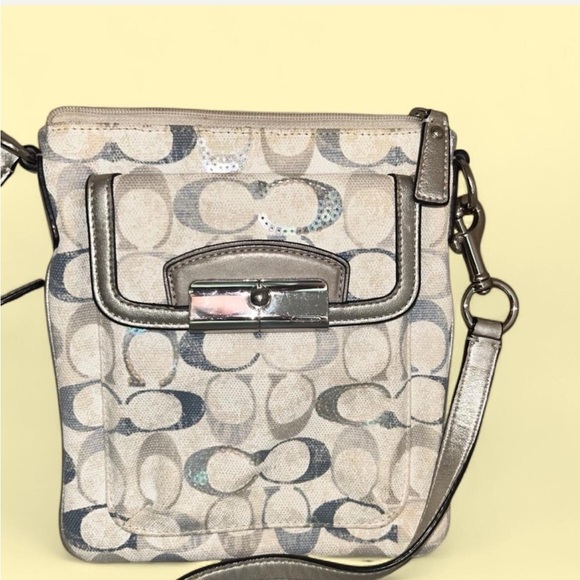 Coach Cream and Silver Crossbody Bag with Signature Monogram - Picture 1 of 3